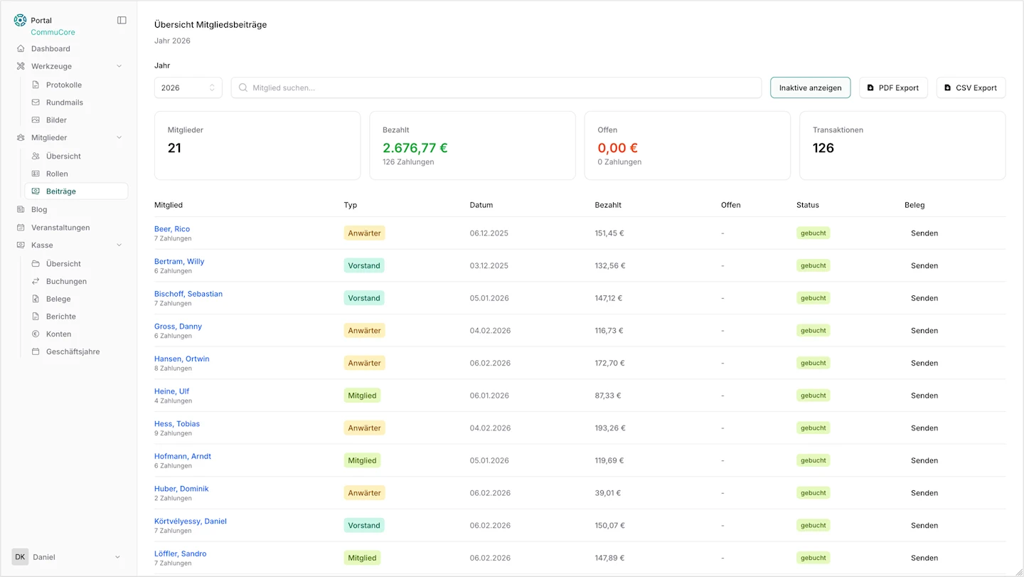 commu-core Beitragsverwaltung – Mitgliedsbeiträge mit PDF- und CSV-Export