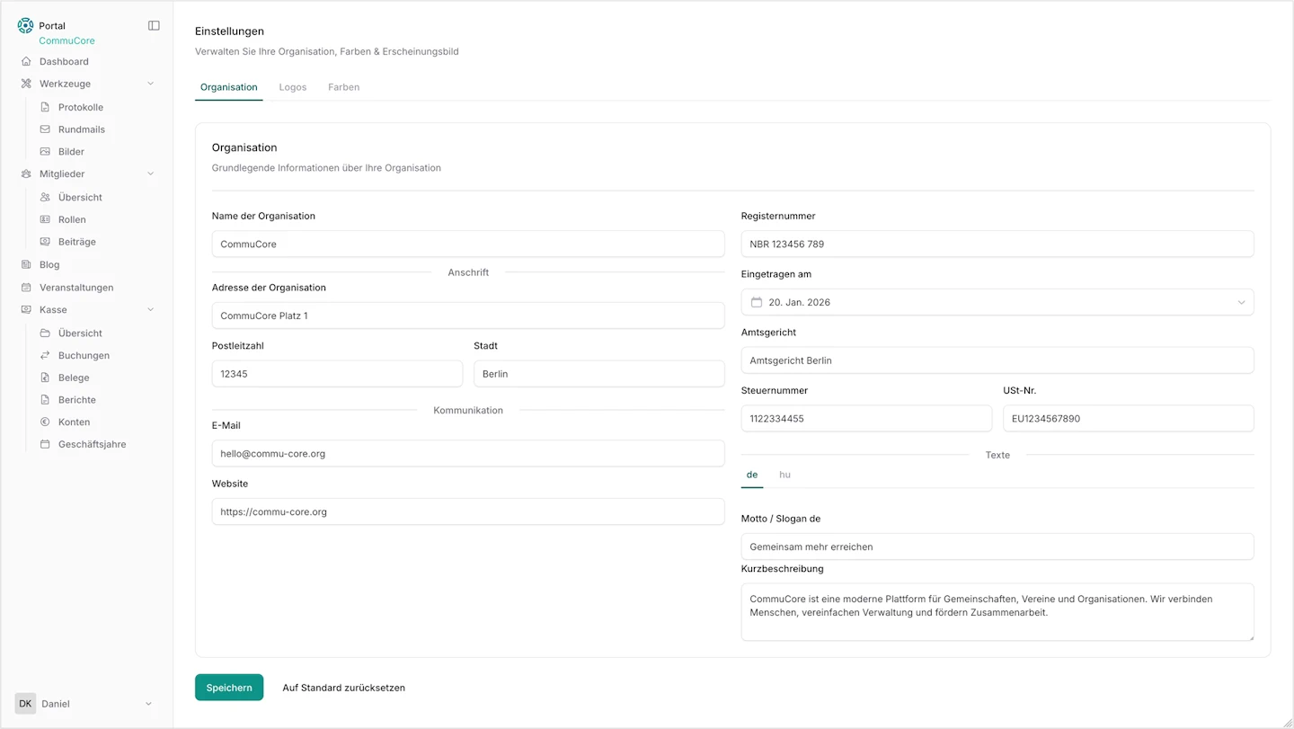 commu-core Einstellungen – Organisation, Logo und Erscheinungsbild