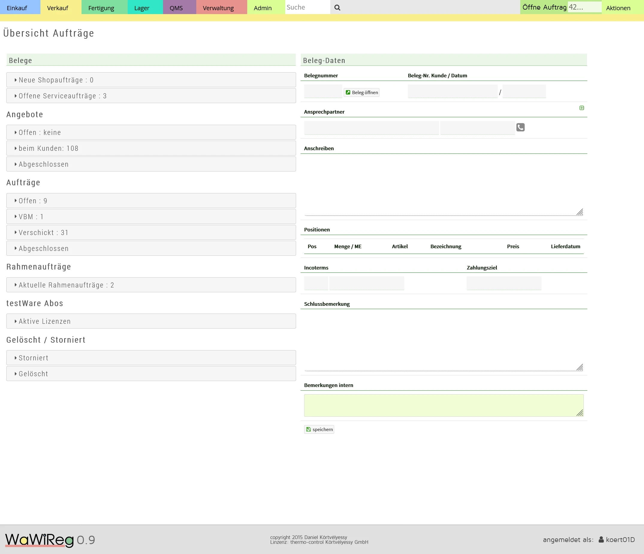 WaWiReg ERP System - Auftrags-, Material- und Qualitätsmanagement mit PHP und MySQL